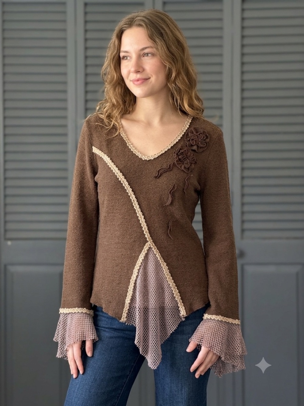 VTG Y2K Fairycore Brown Knit Top Floral Applique Fishnet Bell Sleeves Small DFML